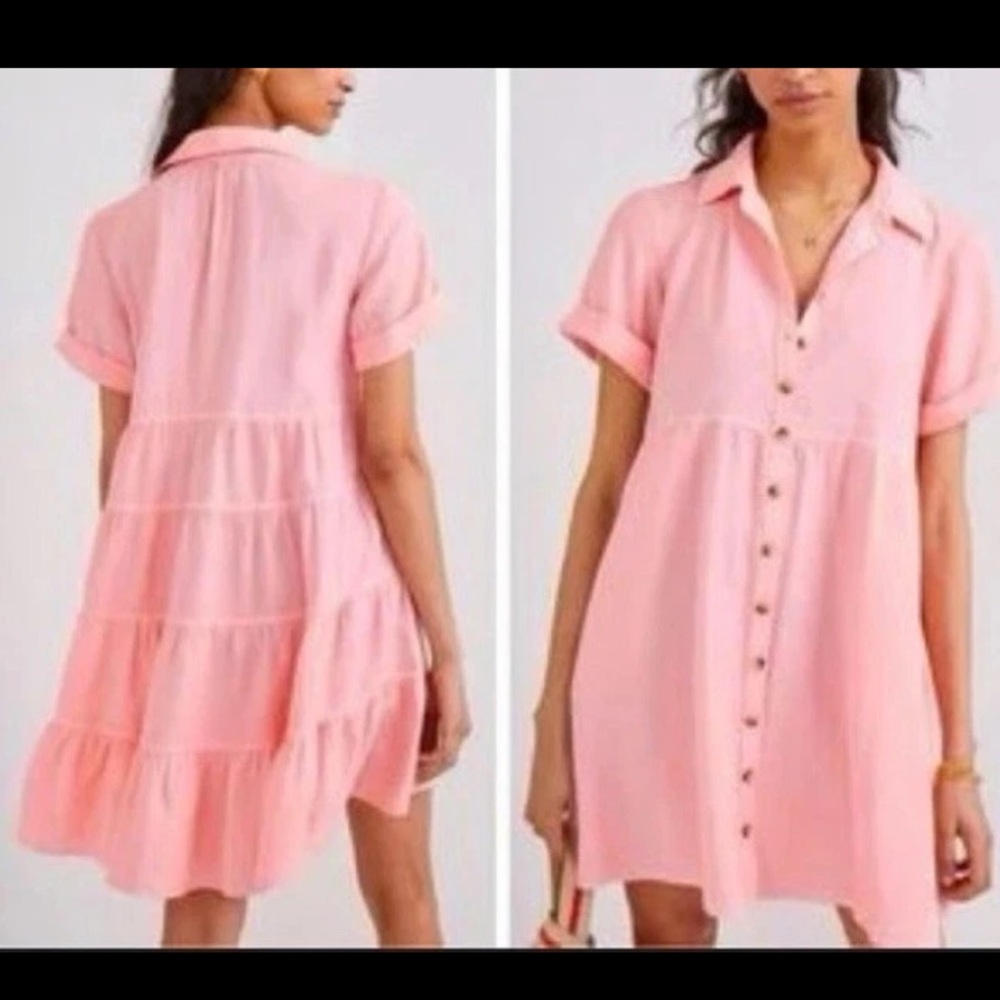 Anthropologie Pilcro Suzanne Tiered Shirt Dress Button Front Pink Size XS
